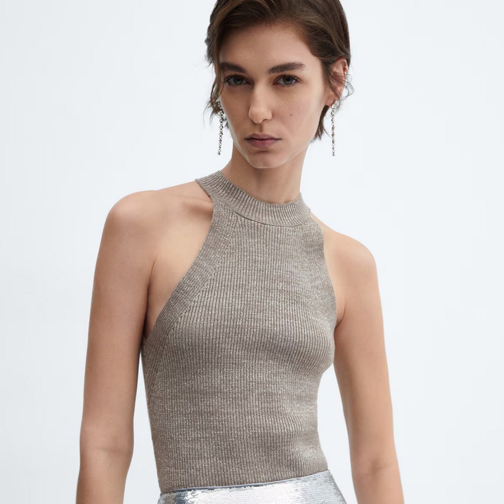 Mango Lurex Halter Neck Fine Knit Sleeveless Top In Silver Size M NWOT